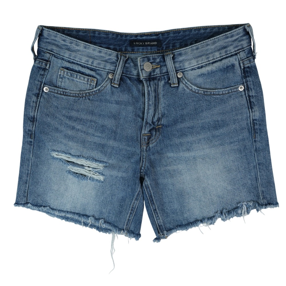 Lucky Brand Denim Shorts Womens 0/25 Blue Distressed Mid Rise Boy Short Raw Hem